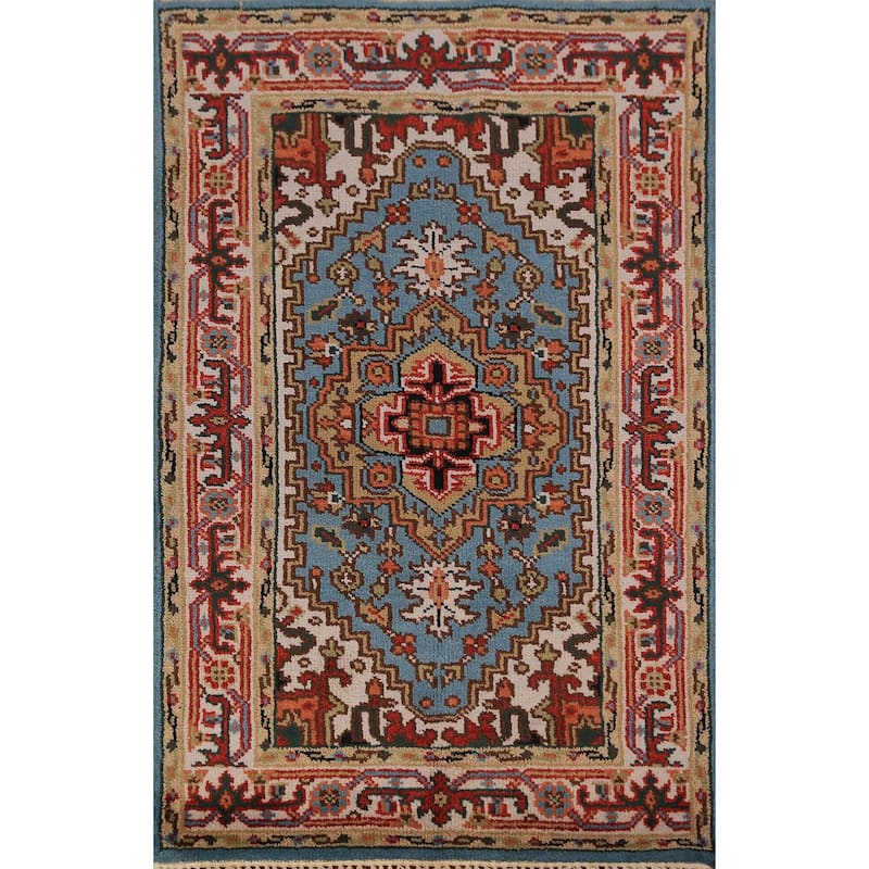 Light Blue Geometric Heriz Serapi Foyer Rug Handmade Wool Carpet - 3'0"x 5'0"