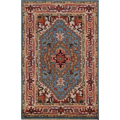Light Blue Geometric Heriz Serapi Foyer Rug Handmade Wool Carpet - 3'0"x 5'0"