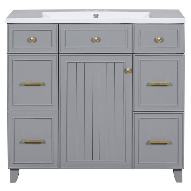 36" Black Bathroom Vanity Cabinet with Single Sink, Soft-Close Door, 3 Drawers, Waterproof Resin Sink