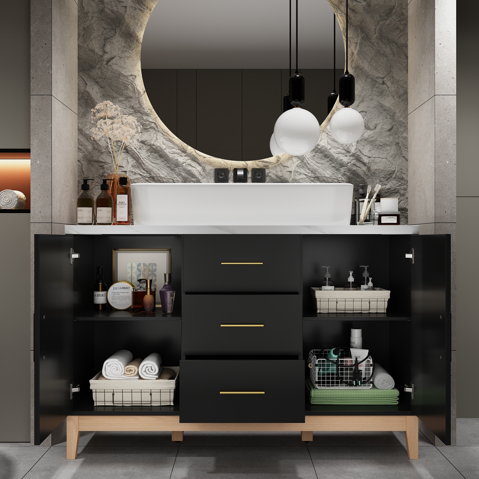 Free Standing Single Bathroom Vanity with Top Lacquer Black Gold