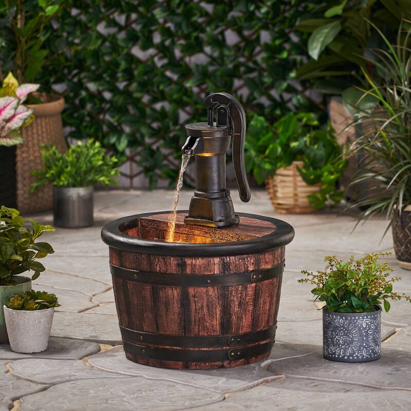 Roomfitters 26.5" Hand-Crafted Rustic Barrel and Pump Outdoor Water Fountain with LED Lights, Weather-Resistant Faux Stone, Wood - Wood