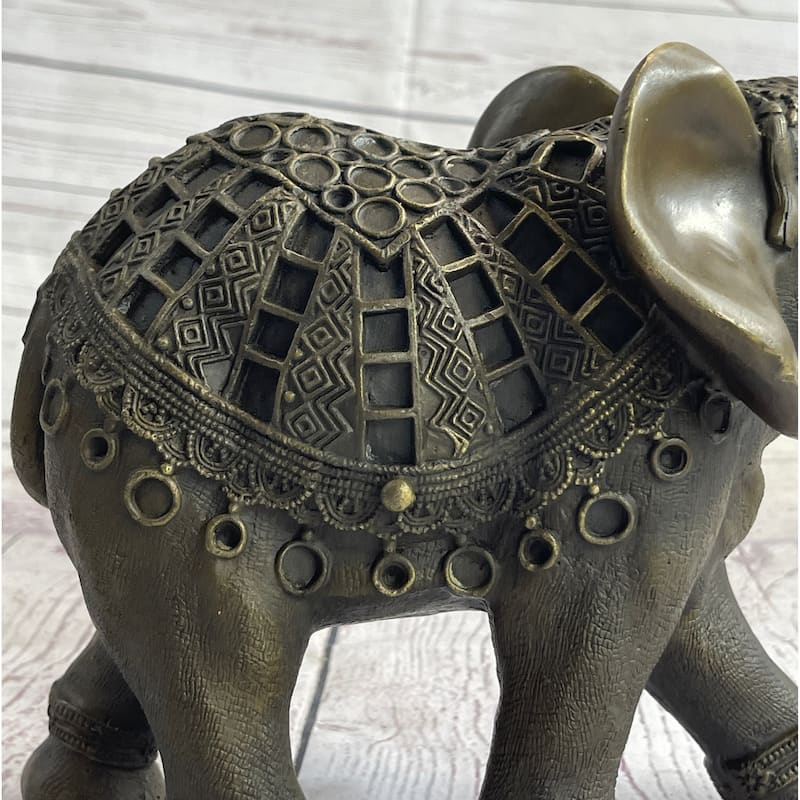 Indian Imitative Elephant Bronze Metal Figurine Sculpture Decor Signed Original 8.5 Inches X 12 Inches