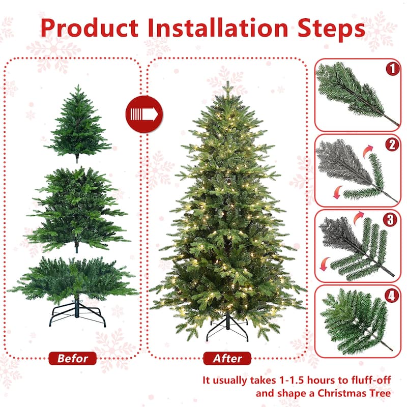 Pre-Lit Green Artificial Christmas Tree - UL Warm White Lights, PVC+PE Needles, Hinged Branches, Metal Stand