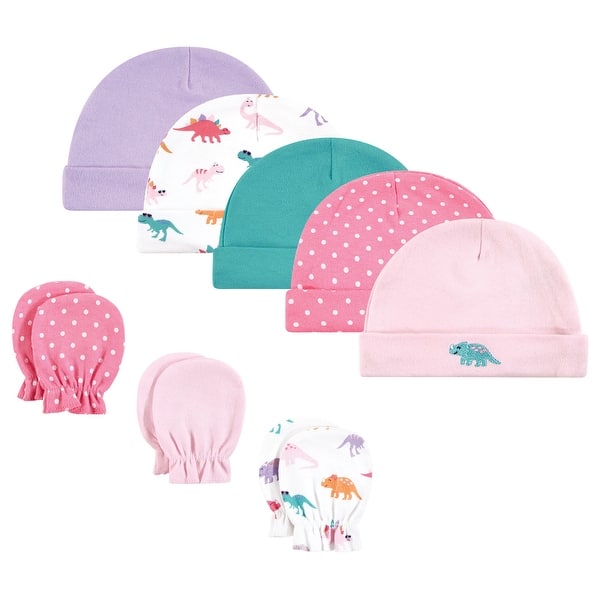 slide 1 of 1, Hudson Baby Infant Girl Cotton Cap and Scratch Mitten Set, Cute-A-Saurus, 0-6 Months - Cute-A-Saurus Cute-A-Saurus - 0-6 Months