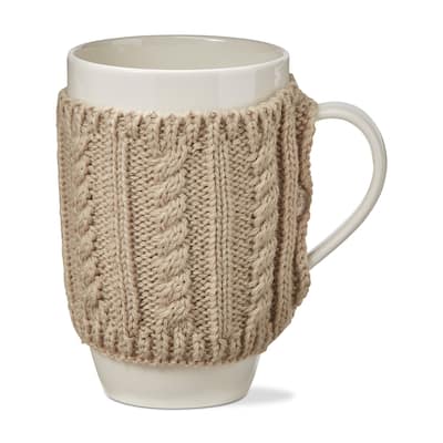 16 oz. White Bone China Mug with Cotton Knitted Warm Wishes Taupe Sweater Accent