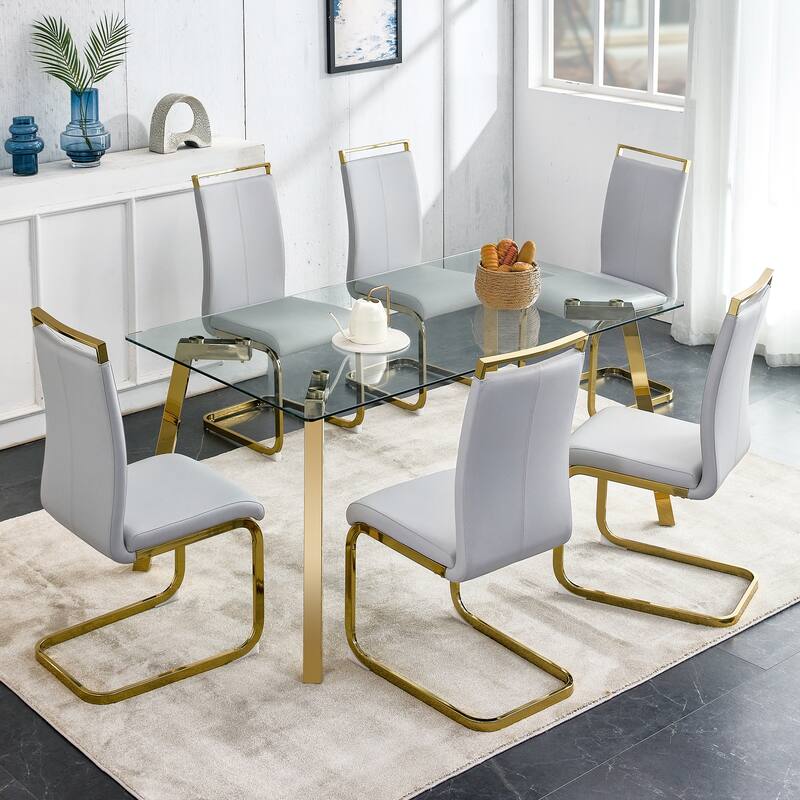 Minimalist style rectangular glass dining table with tempered glass and golden metal legs, for dining room,living room