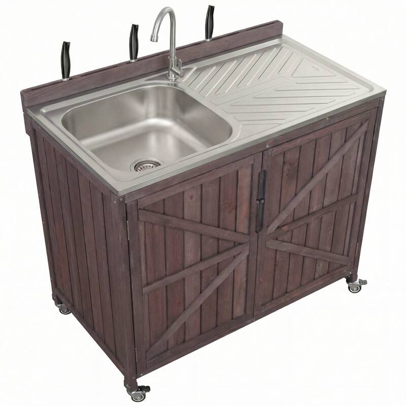 39.4" Outdoor Kitchen Island with 304 Stainless Steel Sink, Faucet & Storage Cabinet