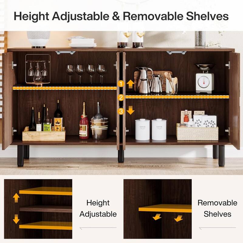 Mid Century Modern Kitchen Cupboard with Adjustable Shelves and Touch Push Doors in Brown - 55.12" x 13.78" x 32.48"