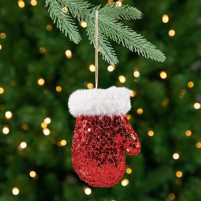 Sequined Winter Mitten with Plush Trim Christmas Ornament - 6" - Red