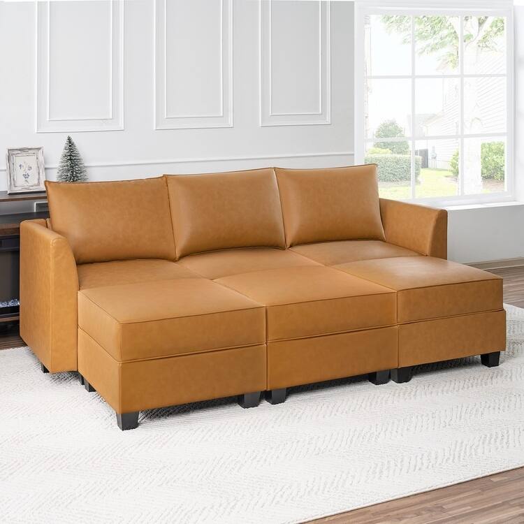 Modern Modular DIY Collection - Sturdy Wooden Frame - Versatile & Stylish Furniture for Living Room Bedroom - 3-Seater with 3Ottoman, Caramel, Air Leather