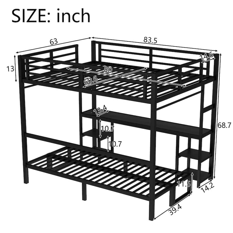 Multi-Functional Queen Over Twin XL Bunk Bed with Desk, Sofa Conversion, LED, USB, and Storage