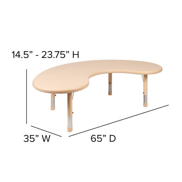dimension image slide 3 of 4, 35"Wx65"L Half-Moon Plastic Adjustable Activity Table for 8 - 65"D x 35"W x 14.5" - 23.75"H