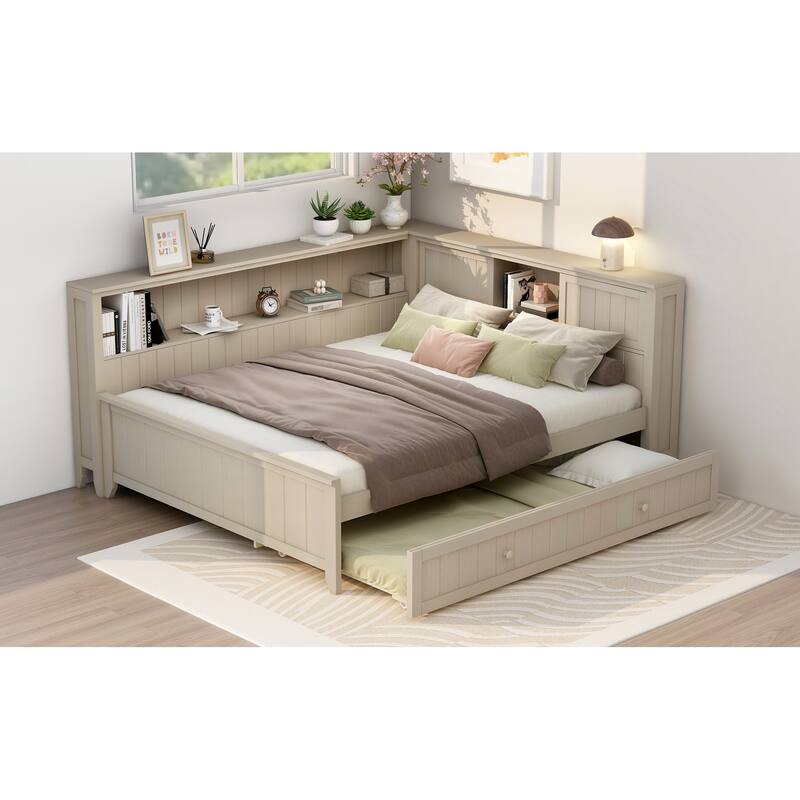 L-shape Bookcase Daybed Full Size Captains Bed with Pull-out Trundle Bed Antique White Milk Frame Sofa Bed Corner Platform Bed