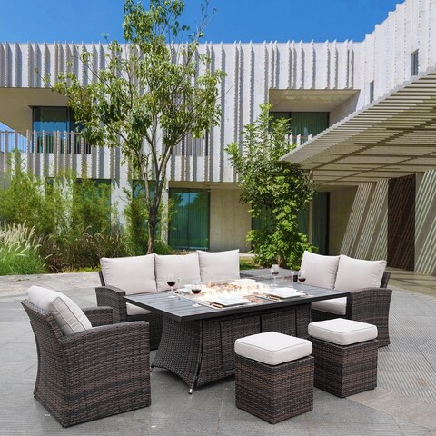 7-Piece Patio Conversational Sofa Set with Aluminium Firepit Table