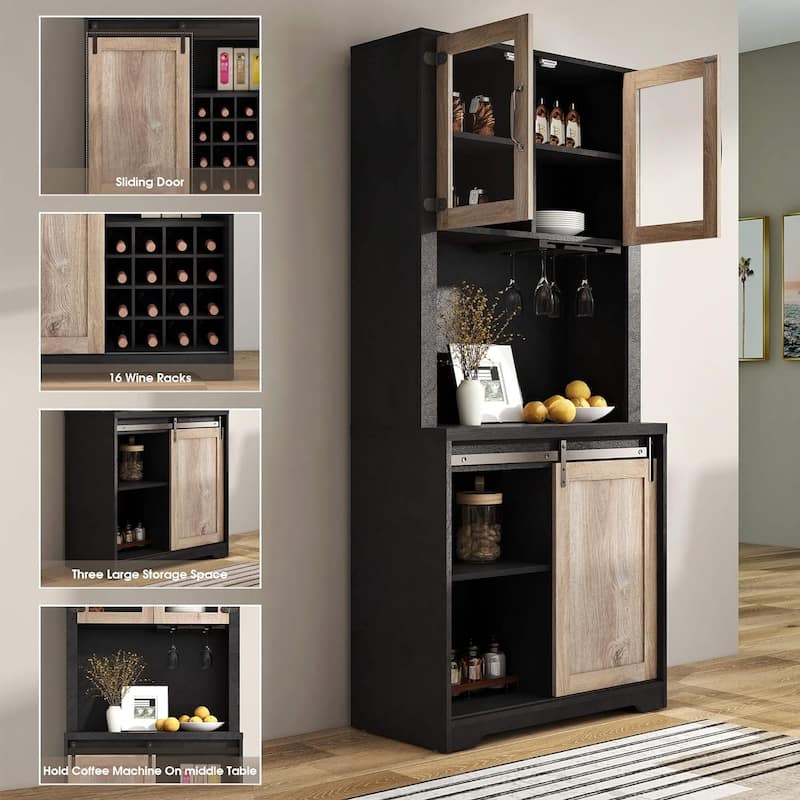 Coffee Bar Cabinet with Sliding Barn Door, Industrial Buffet Cabinet with Wine Storage