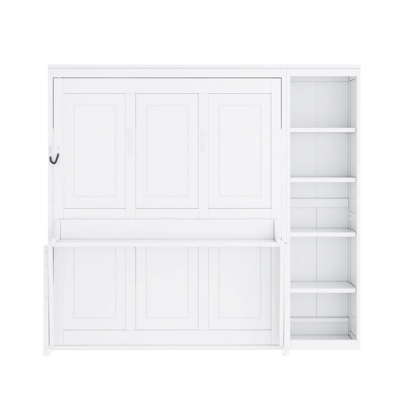 Queen/Full Size Wood Murphy Bed Foldable Wall Bed with Desk and Bookshelf