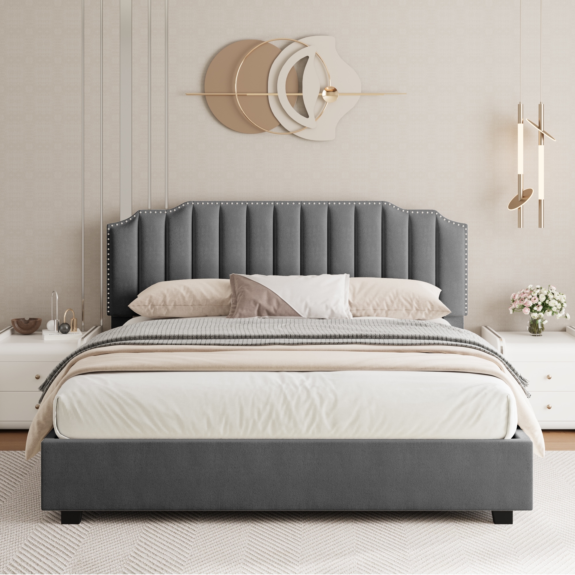 Elegant Velvet Full/Queen Size Platform Bed with Gas Lift Storage and Adjustable Headboard