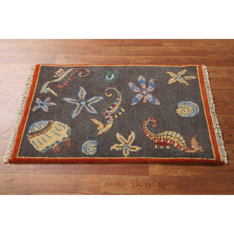 Hand Knotted Oriental 100% Wool Carpet Traditional Animal Pictorial Greys & Charcoal Art Deco Area Rug - 3' 0'' X 2' 0''