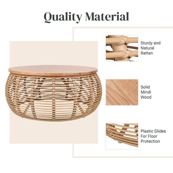 dimension image slide 1 of 3, The Curated Nomad Doolittle Round Rattan Coffee Table