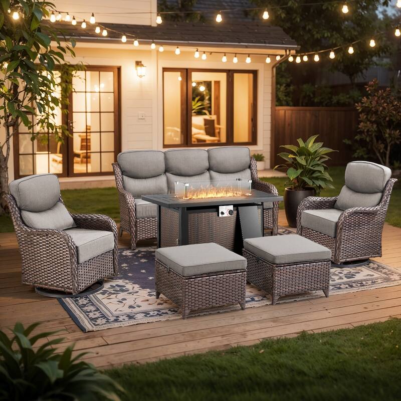 Pocassy Patio Sofa Swivel Chairs Ottoman w/ 43in Fire Table Set - Gray Cushion Brown Wicker - 6-Piece Sofa Siwvel Chair Ottoman w/ Fire Table