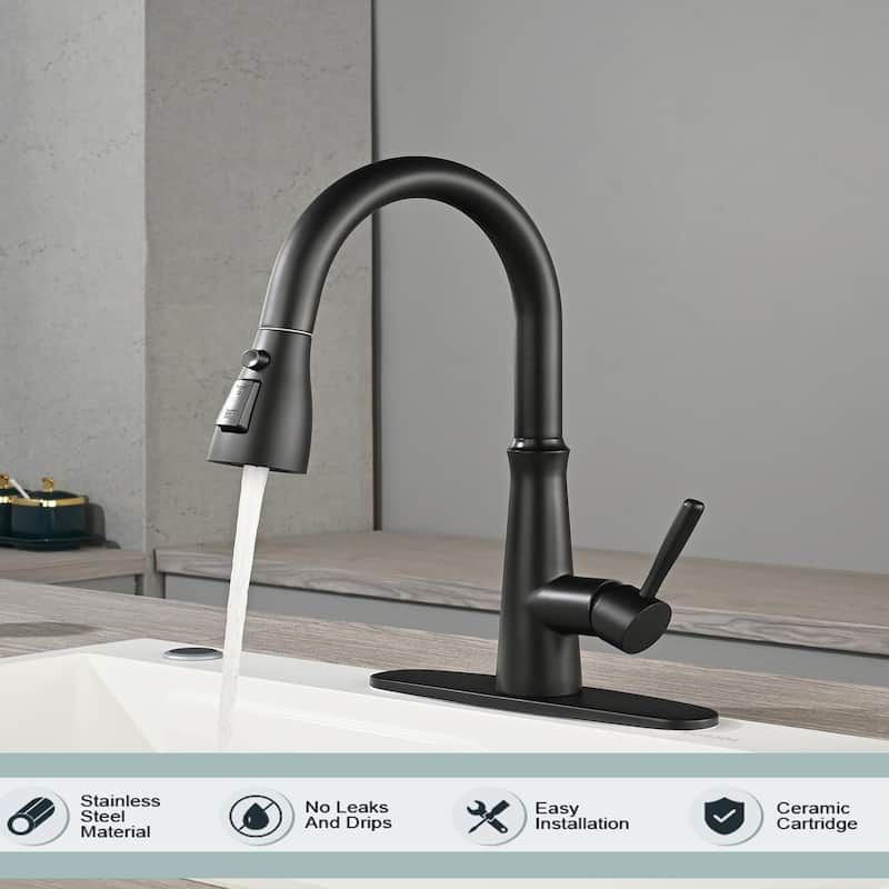 WOWOW Single Handle 3-Mode Pull Out Sprayer Kitchen Faucet