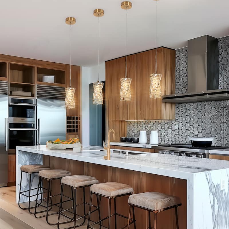 Modern Glam 1-Light Gold LED Crystal Pendant Lights Irregular Cylinder Kitchen Island Lights for Dining Room