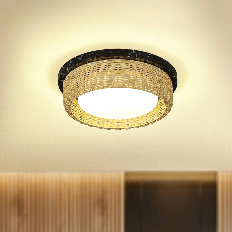 12.6 /15 Inch Rattan Dimmable LED Ceiling Light, Painted Wood - 12.6 Inch - Black