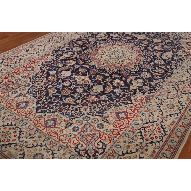 Navy Blue Floral Nain Persian Area Rug Handmade Wool Carpet - 6'7"x 10'5"