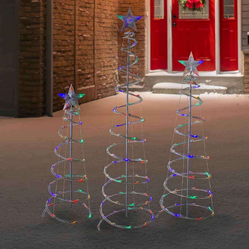 Set of 3 LED Lighted Multi-Color Outdoor Spiral Christmas Cone Trees 3' 4' and 6'