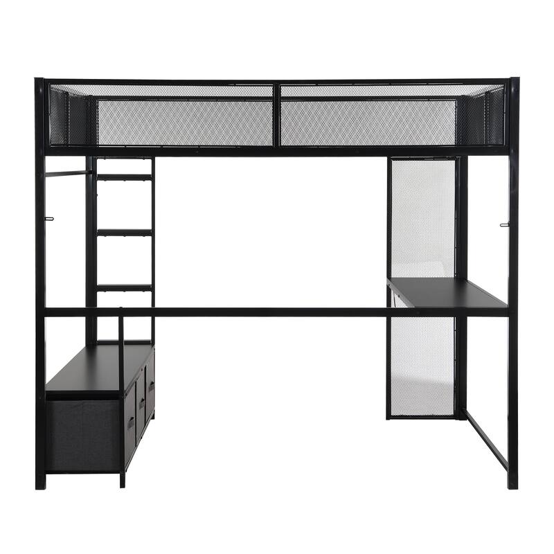Full Size Black Metal Gaming Loft Bed with LED Lights, Built-in Desk, Wardrobe & 3 Storage Drawers