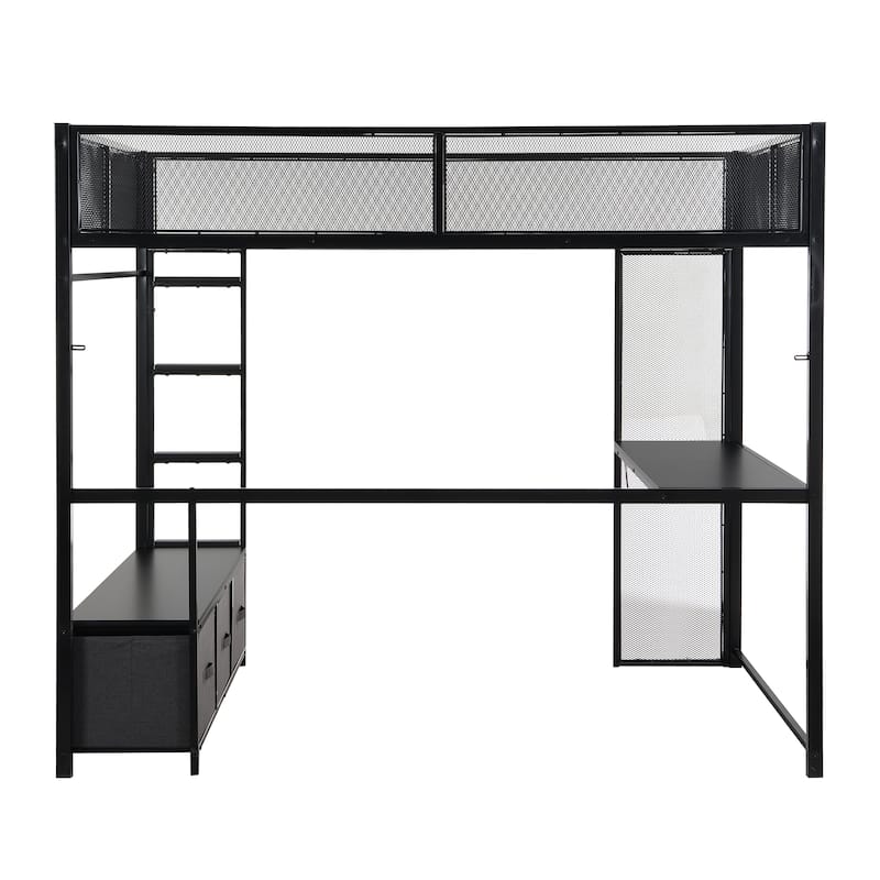 Full Size Metal Gaming Loft Bed with 16-Color LED, Study Desk & 3 Storage Drawers (400lb Capacity)