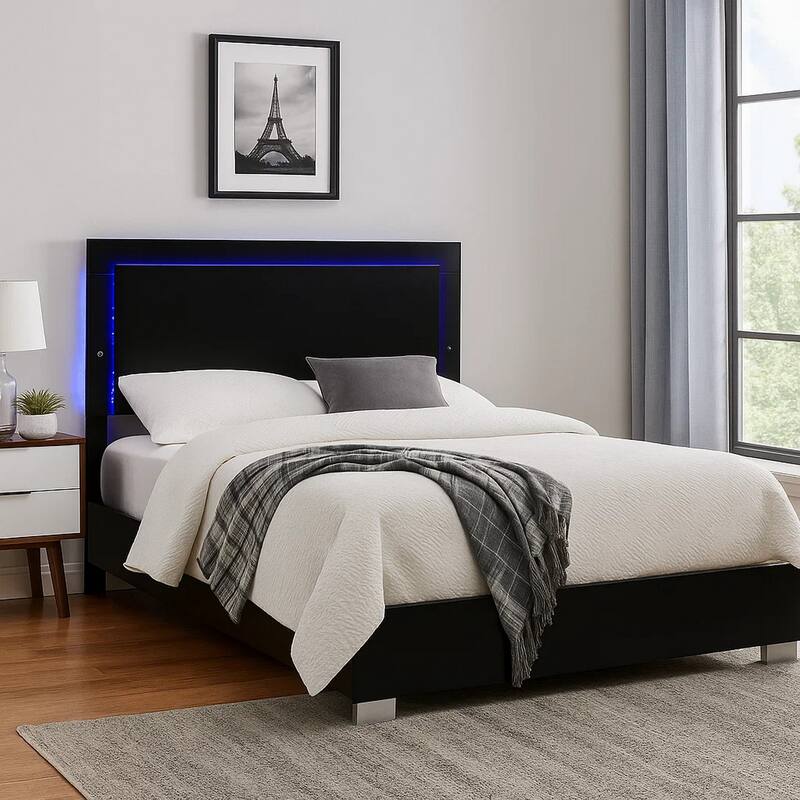 Suni King Size Bed w LED Headboard, Piano Black Wood Frame