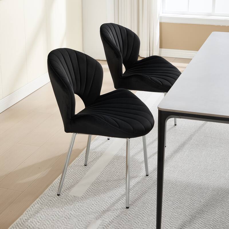 Modern Design Chair Back Hollow, 21.6-inch Enlarged Seat Surface With Silver Legs, Set of 2, Velvet Fabric