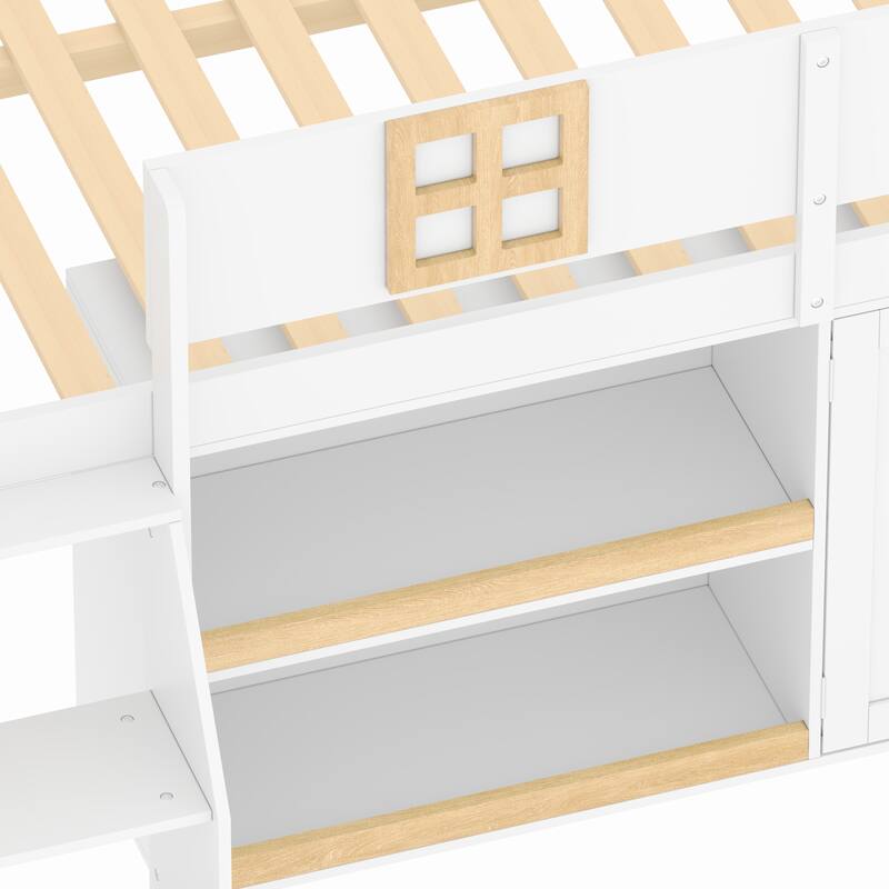Roomfitters Twin/Full Low Loft Bed with LED Lights, Storage Staircase and Cabinets