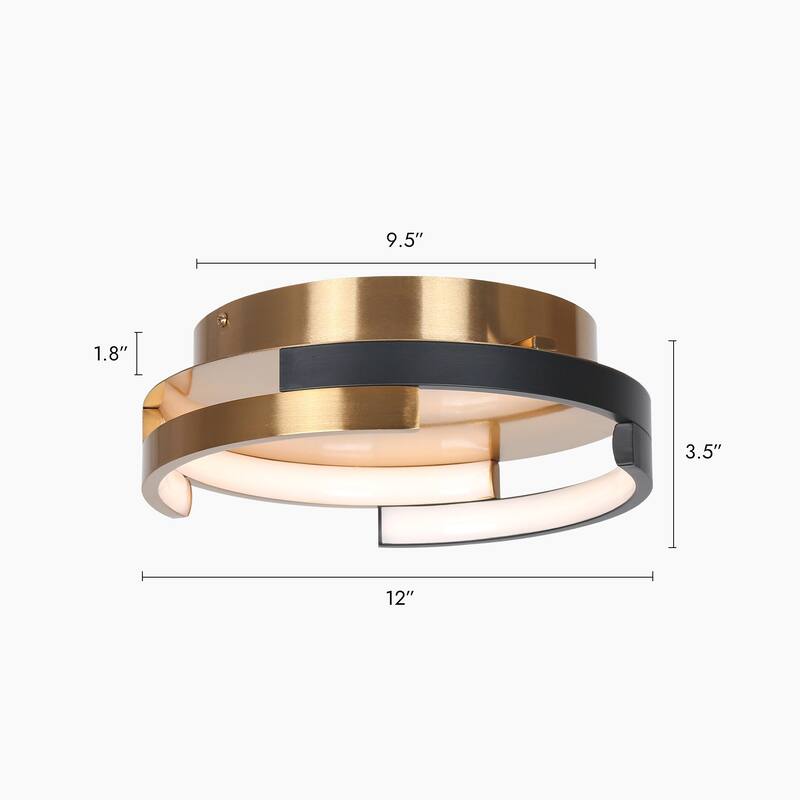 Modern 1-Light LED Metal Black Gold Drum Flush Mount Ceiling Lights - 12" D x 3.5" H
