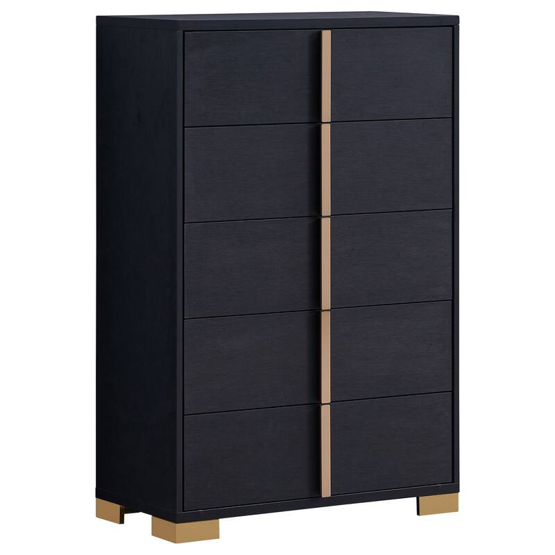 Dex 50 Inch Tall Dresser Chest, 5 Drawers with Vertical Gold Handles, Black