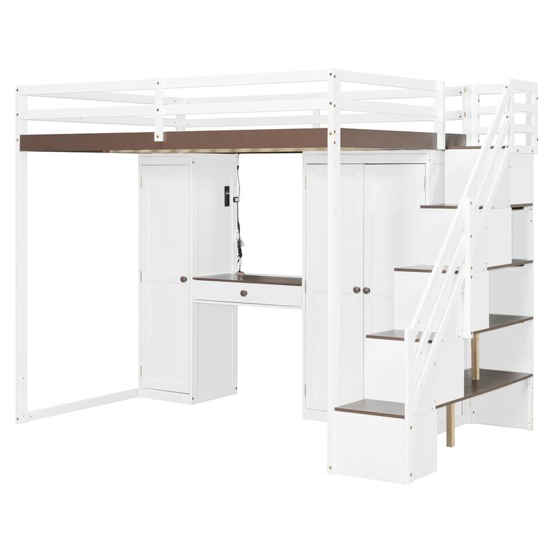 Full Size Loft Bed with Storage Staircase, Built-in Dressing Table, Mirror & Wardrobe - USB Charging & Lights