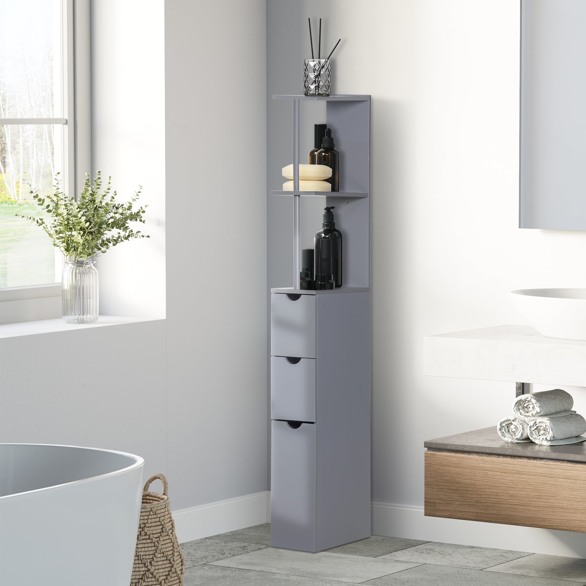 Bathroom Display Cabinet Corner Cabinet with Open Shelves, Side Floor Storage Organizer with Drawers