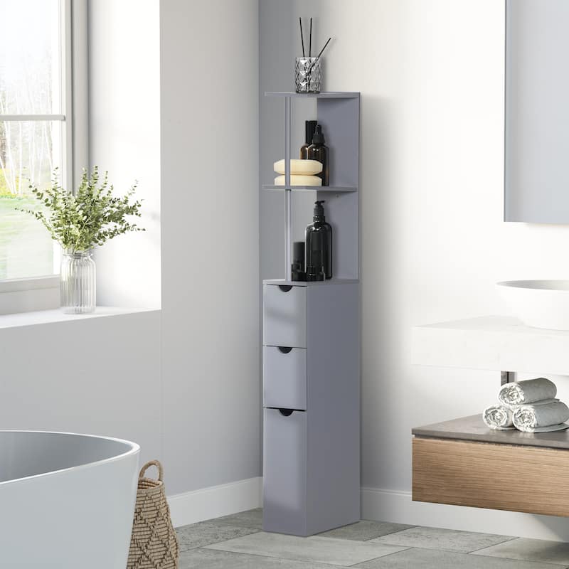 Bathroom Display Cabinet Corner Cabinet with Open Shelves, Side Floor Storage Organizer with Drawers - Grey