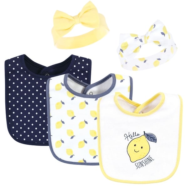 slide 1 of 1, Hudson Baby Infant Girl Cotton Bib and Headband or Caps Set, Navy Lemon, One Size - Navy Lemon - One Size One Size - Navy Lemon