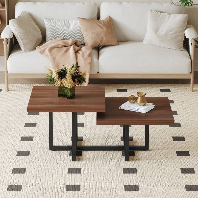 Modern 2-Tier Coffee Table with Walnut Wood Top, Square Center Table with Black Metal Base for Living Room, Stylish Furniture