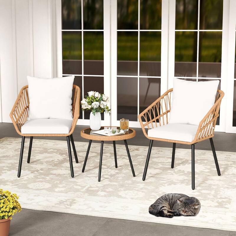 3 Piece Brown PE Rattan Patio Bistro Set with Beige Cushions asnd Glass Table - Chair: 24.5” × 23” × 31” (L × W × H)