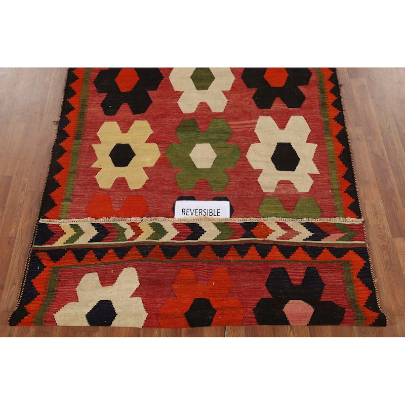 Vegetable Dye Red Geometric Kilim Qashqai Persian Vintage Wool Carpet - 4'10"x 8'0"