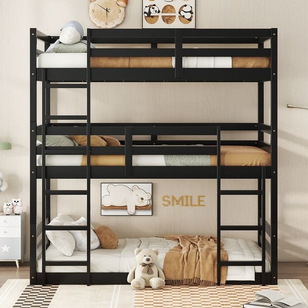 slide 2 of 27, Triple Bunk Bed with Detachable Twin Over Twin Over Twin, Rubber Wood Frame, Two Ladders, Guardrails for Kids Room, Black