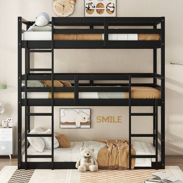 slide 2 of 39, Triple Twin Bunk Bed with Dual Ladders & Guardrails Black
