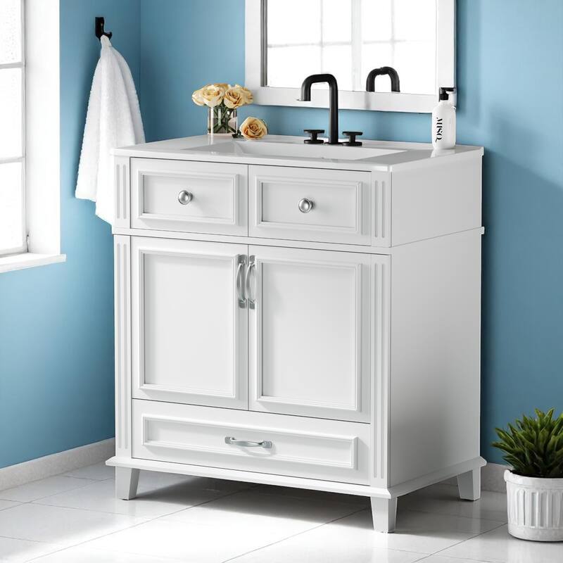 30"Bathroom Vanity with Sink - Solid Wood Frame, Ceramic Basin, Soft-Close Doors,Modern Retro Style with Drawer Storage Cabinet