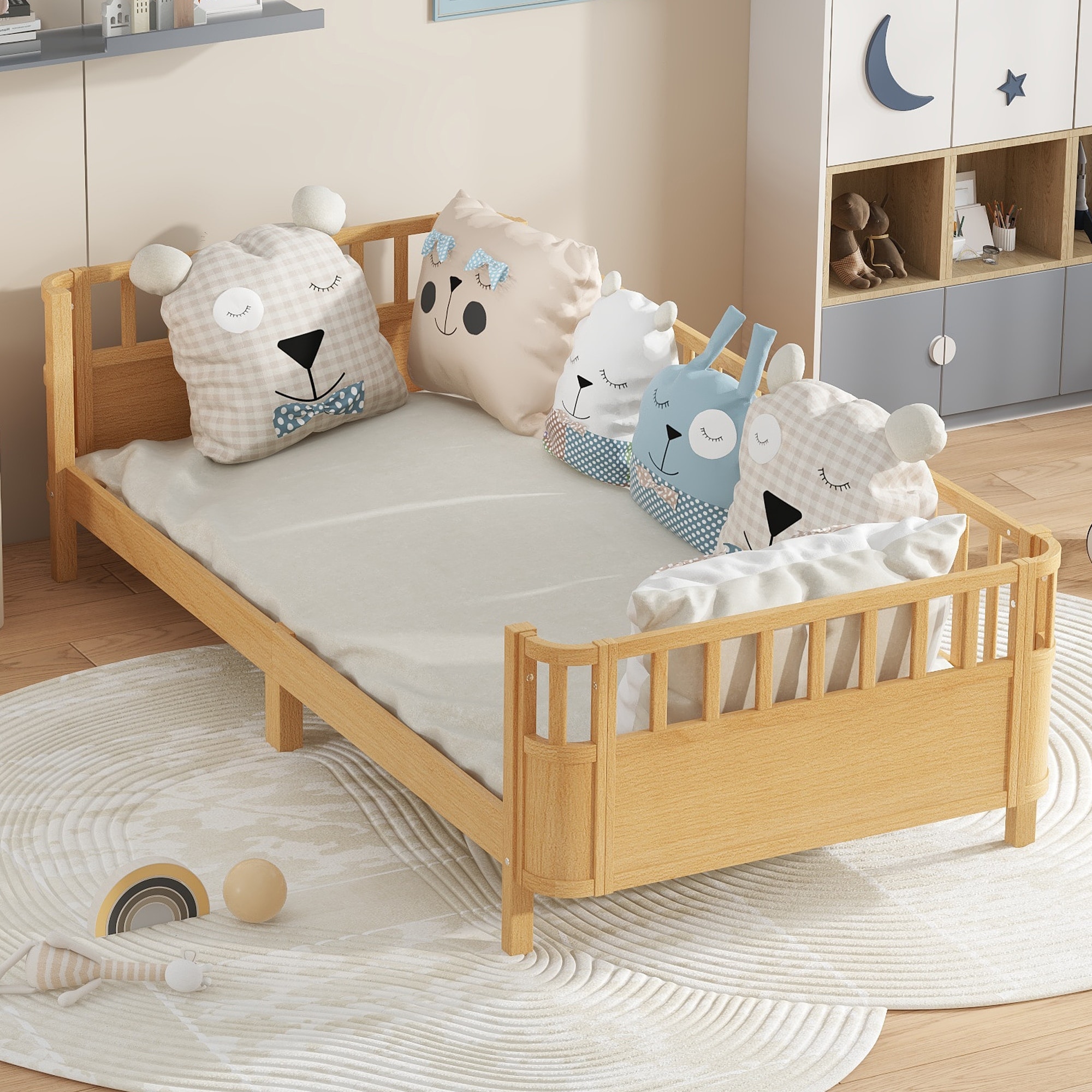 Multi Size Low Platform Bed for Kids with Rounded Corners Guardrails, Detachable Right-side Fence and Open Left-side Design