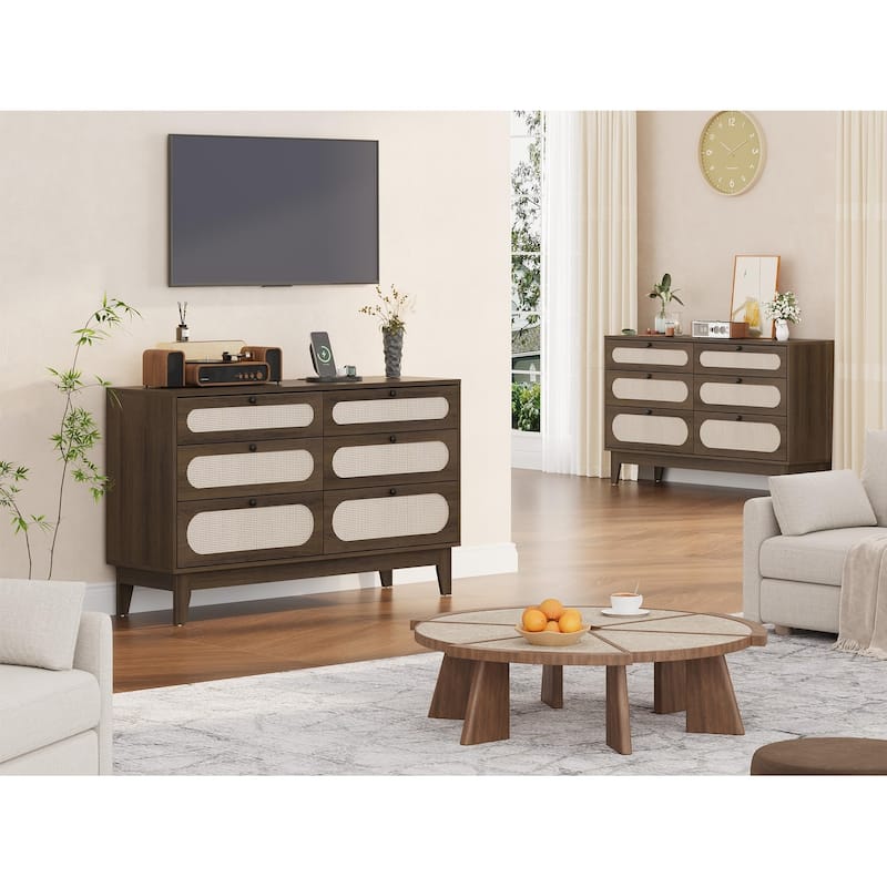 6-Drawer Rattan Dresser with Power Outlet, Wooden Chest of Drawers