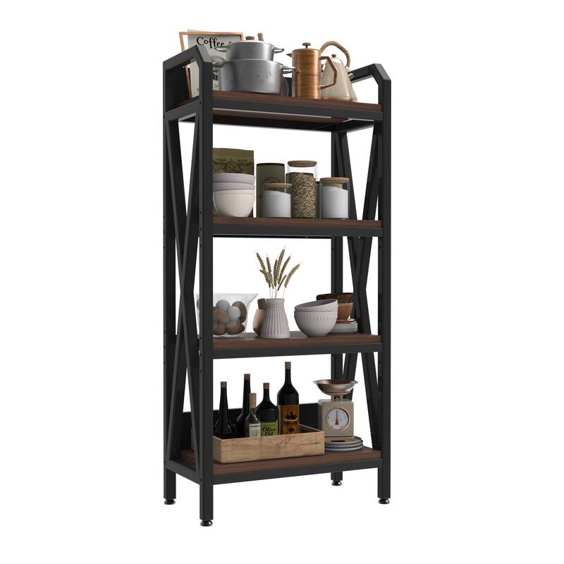 56.30''Bakers Rack 4-Level Storage Shelves Mental and Wooden Kitchen Shelves,Kitchen Organizers and Storage,25.60'' Length