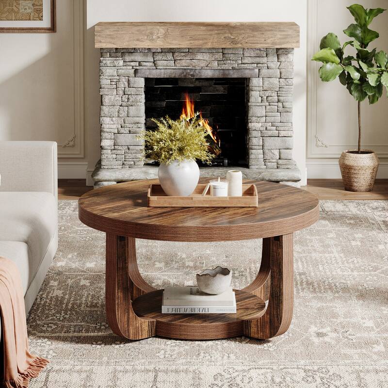 2-Tier Round Coffee Table, Wooden Accent Center Table for Living Room, Brown - Large